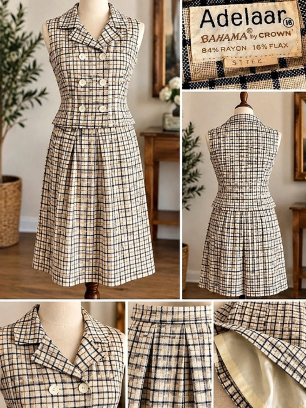 Vintage 1960s Adelaar Mod Grid Plaid Skirt Set Rayon Flax Linen Look S/M